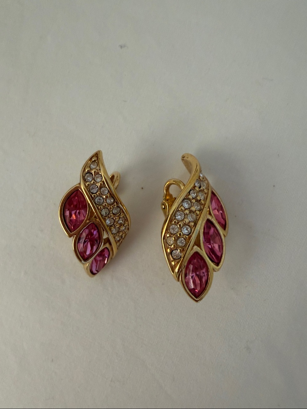 Gold-Tone Pink Crystal Leaf Clip Earrings with Clear Accents